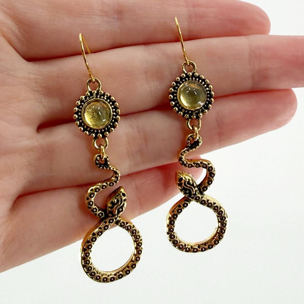 Gold Tone Snake Dangle Earrings | Serpent Infinity Drop Statement Jewelry